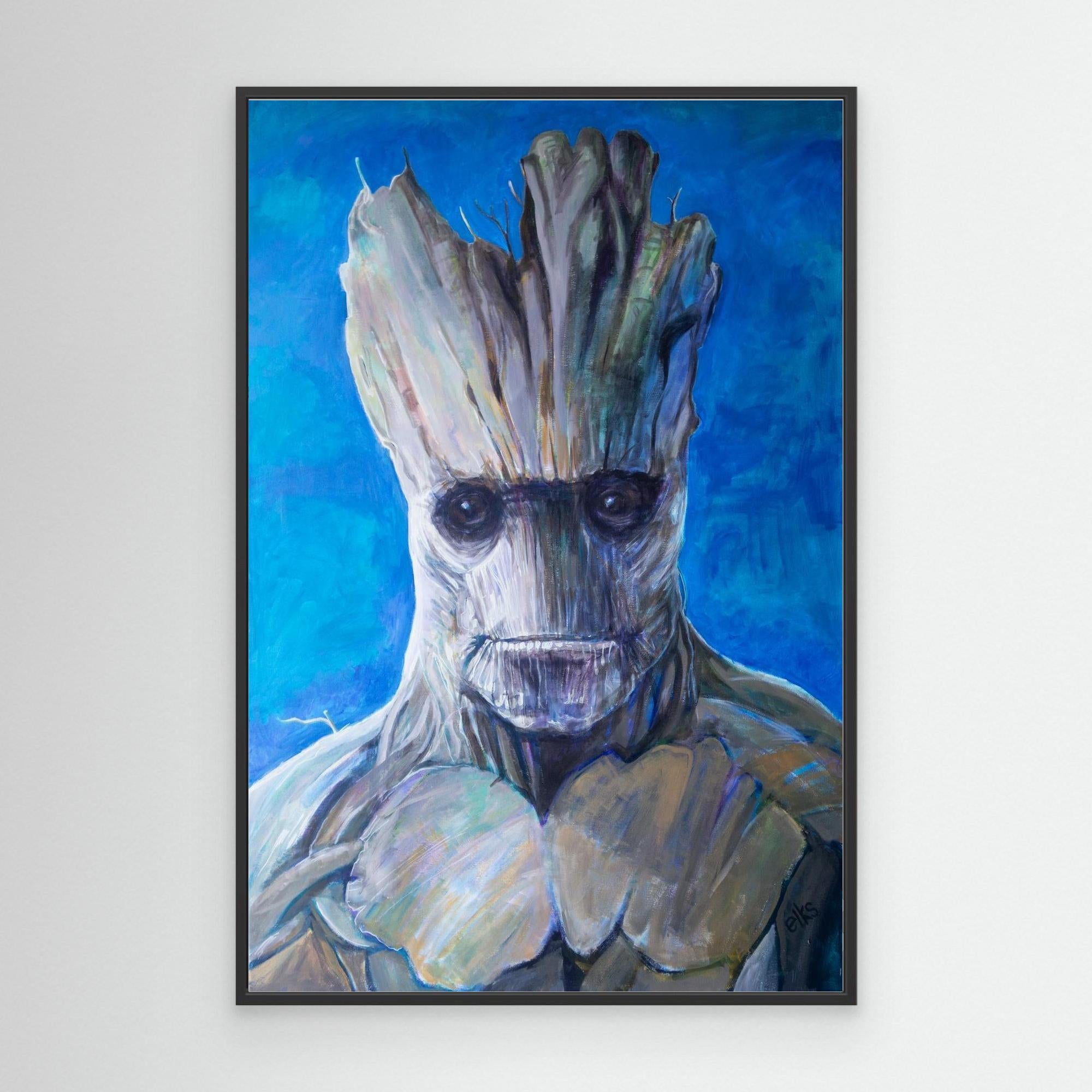 Canvas wall art print of Groot by Nancy Elks Artist, featuring a black frame and detailed illustration of the character.