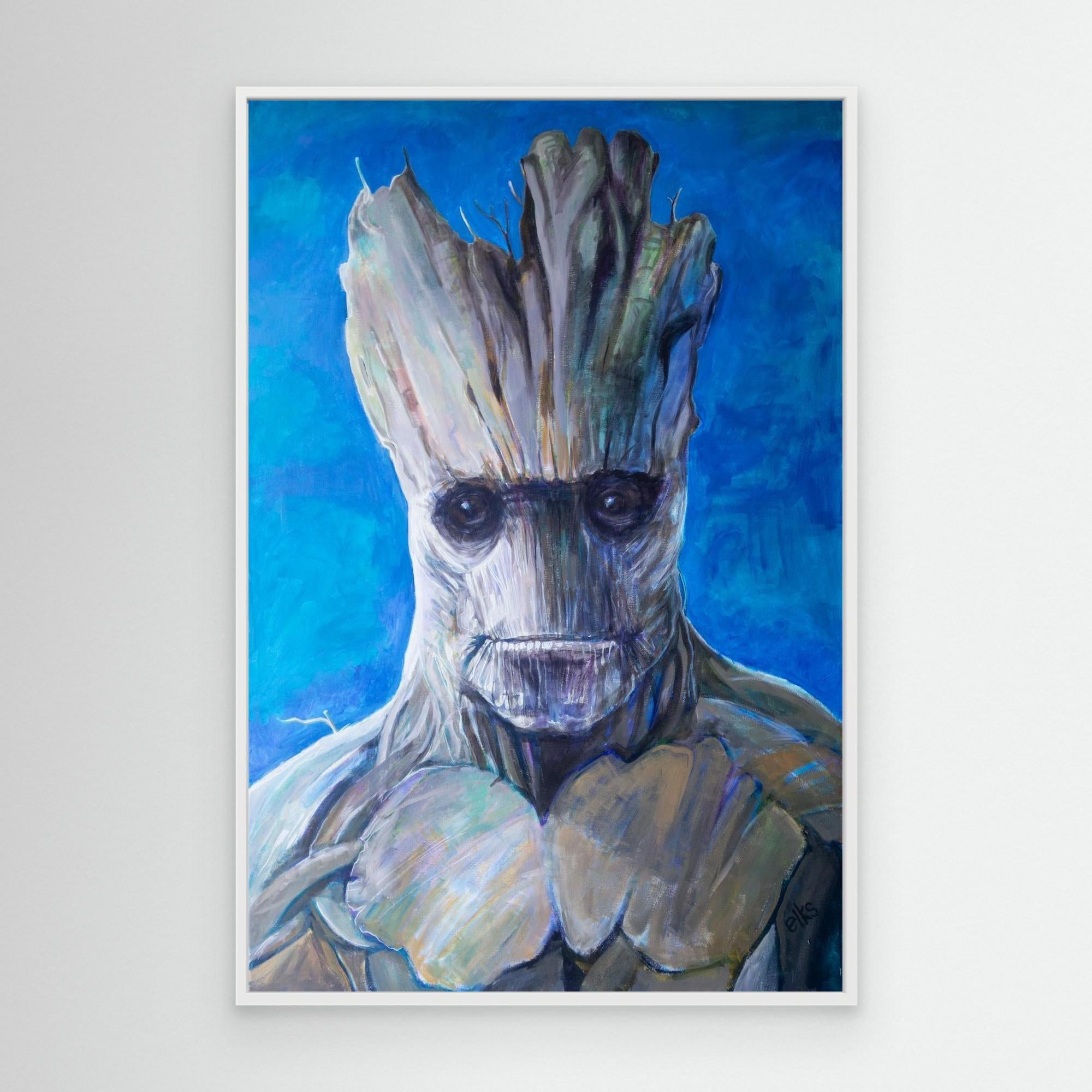 Canvas wall art featuring a GROOT illustration by Nancy Elks Artist, displayed in a white frame.