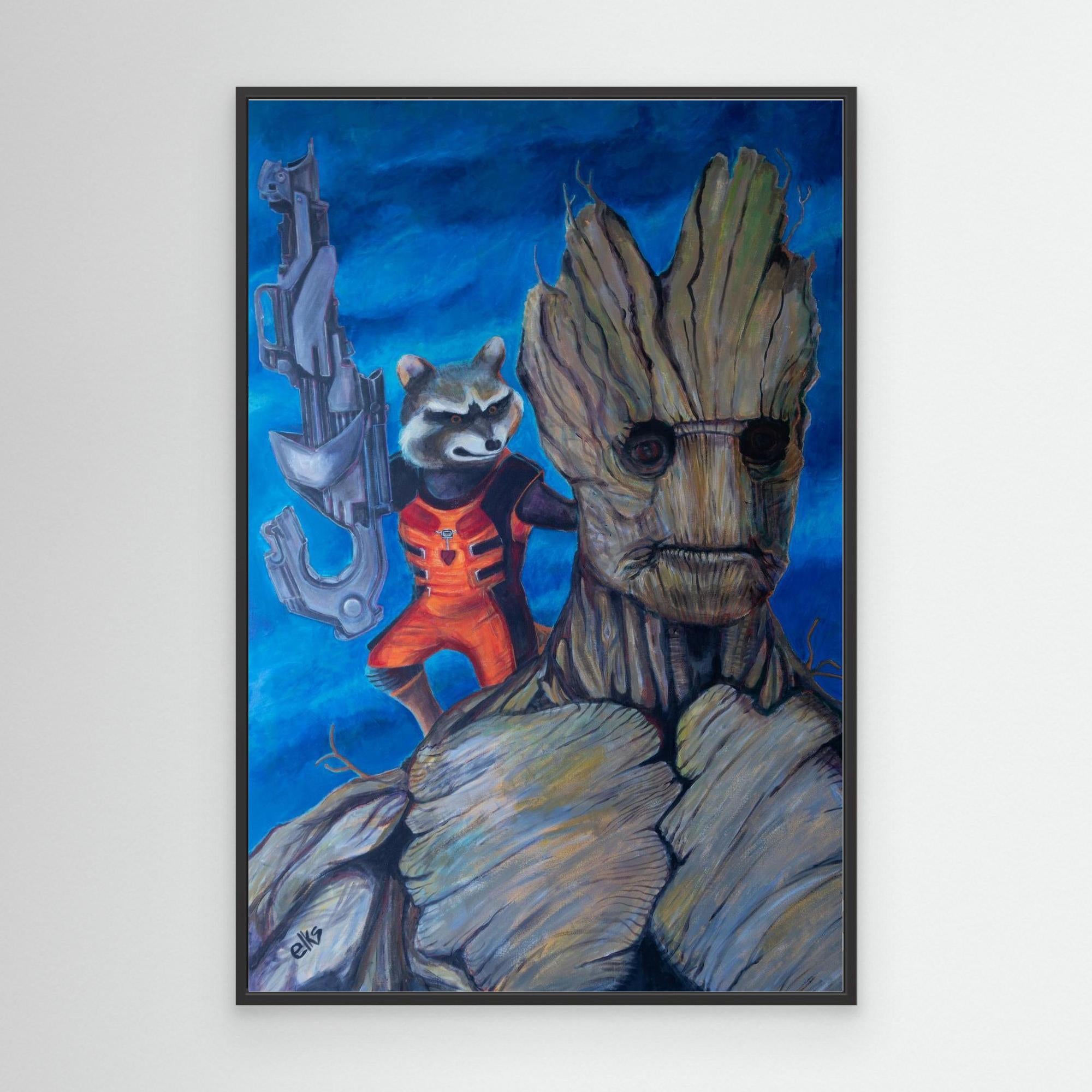 Canvas wall art featuring Groot and Rocket from Guardians of the Galaxy by Nancy Elks Artist, framed in black.