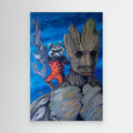 Canvas wall art print featuring Groot and Rocket from Marvel, created by Nancy Elks Artist, displayed on a wall.