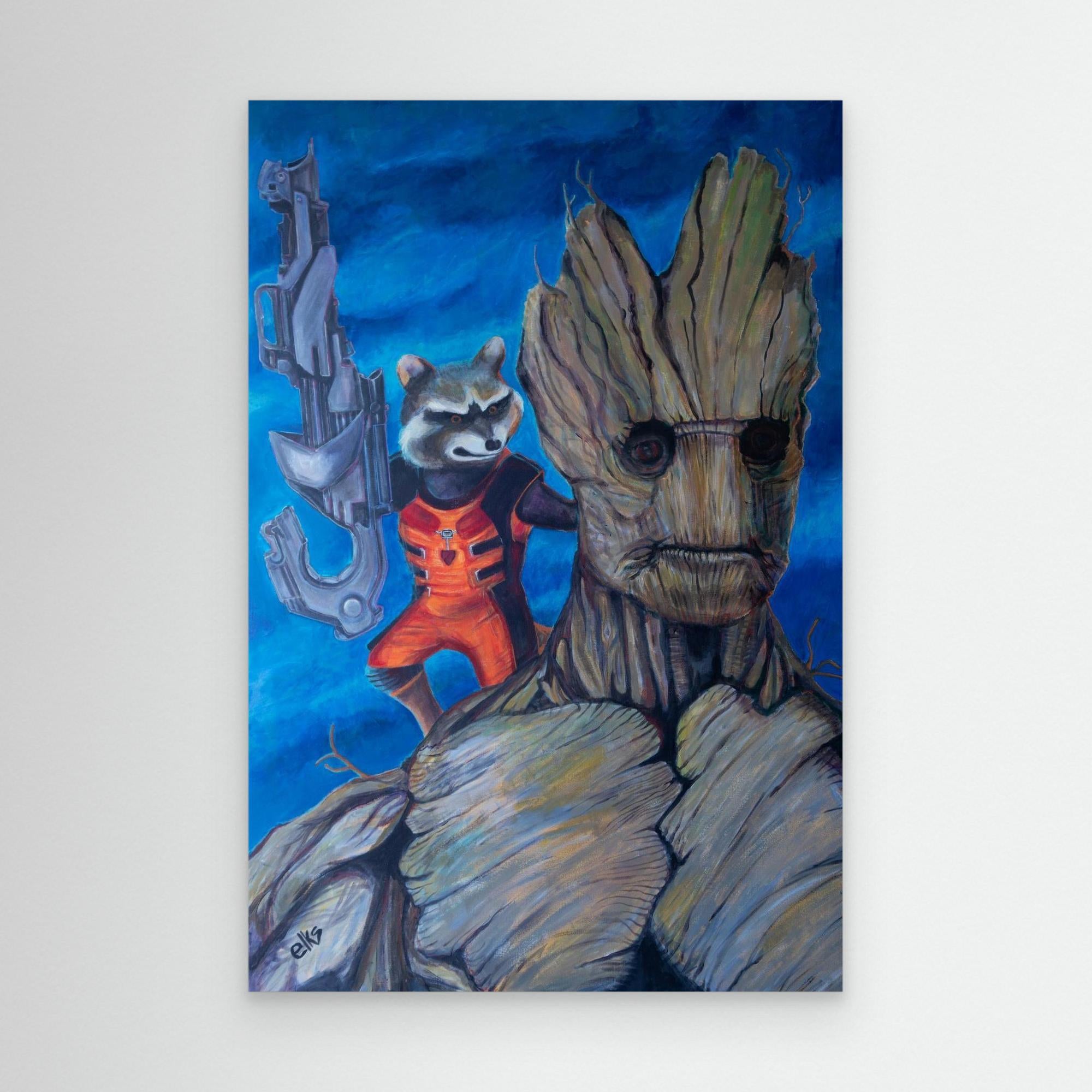 Canvas wall art print featuring Groot and Rocket from Marvel, created by Nancy Elks Artist, displayed on a wall.