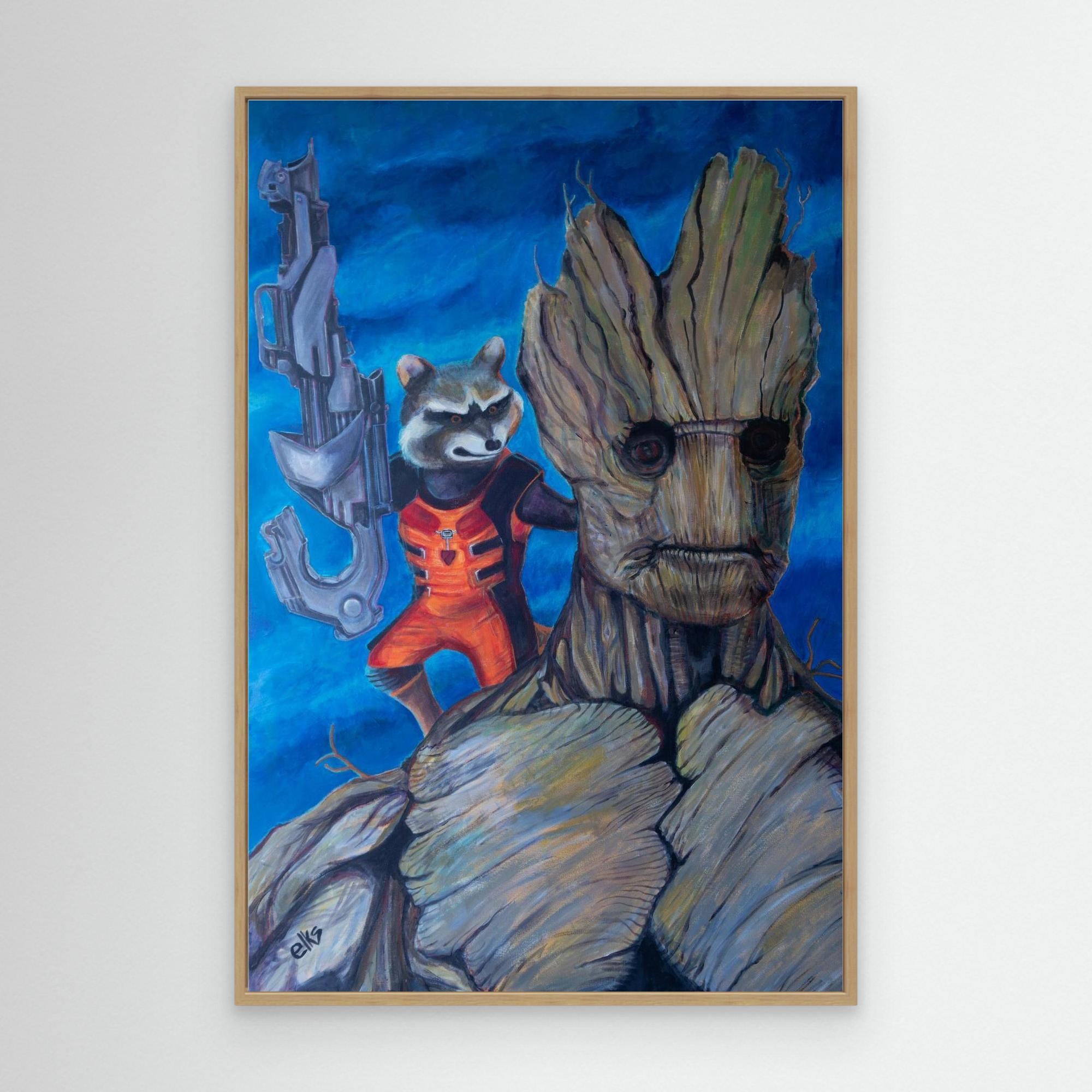 Canvas wall art print featuring Groot and Rocket from Marvel, created by Nancy Elks Artist, displayed on a wooden frame.