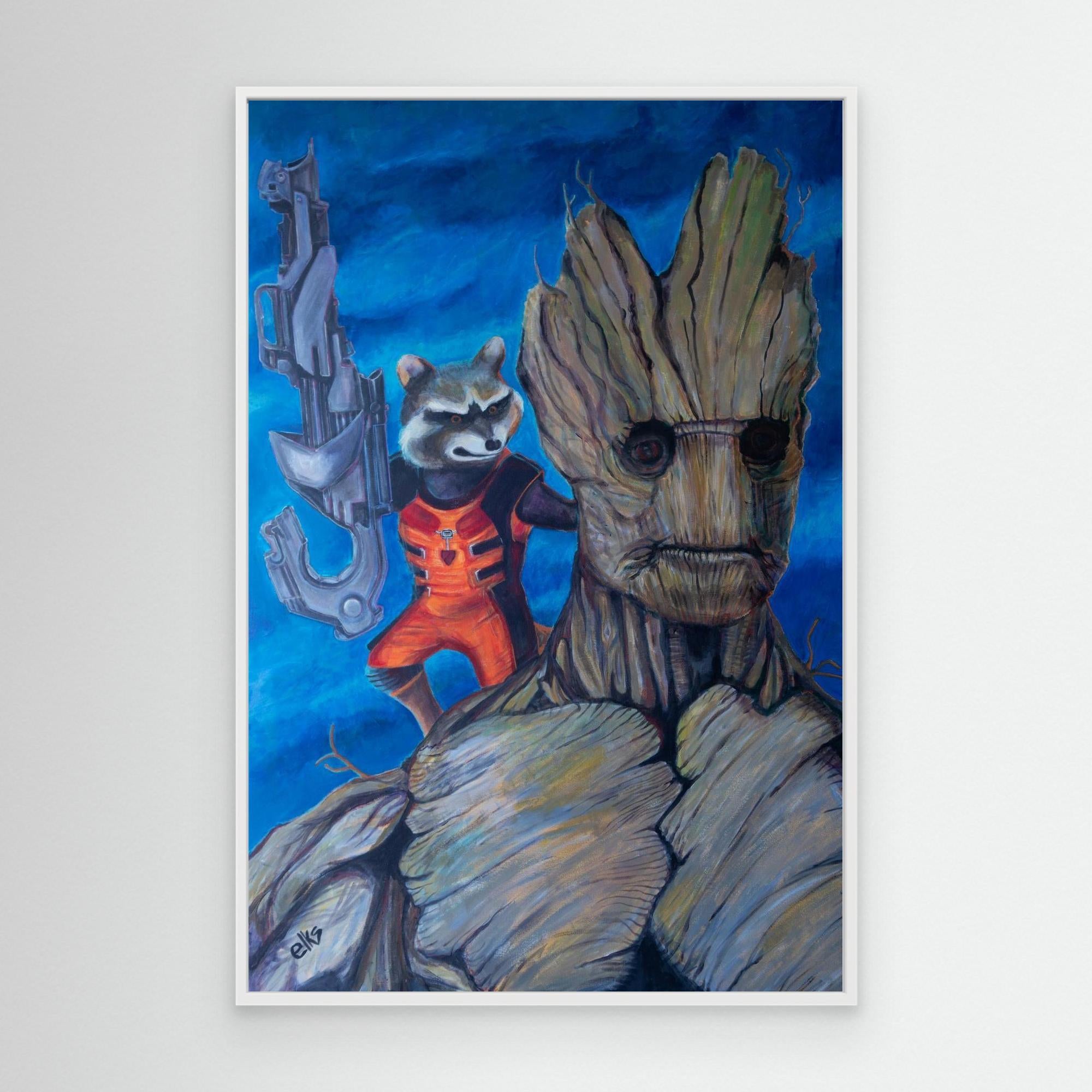 Canvas wall art print of Groot and Rocket from Marvel, featuring vibrant colors and detailed character illustrations by Nancy Elks Artist.
