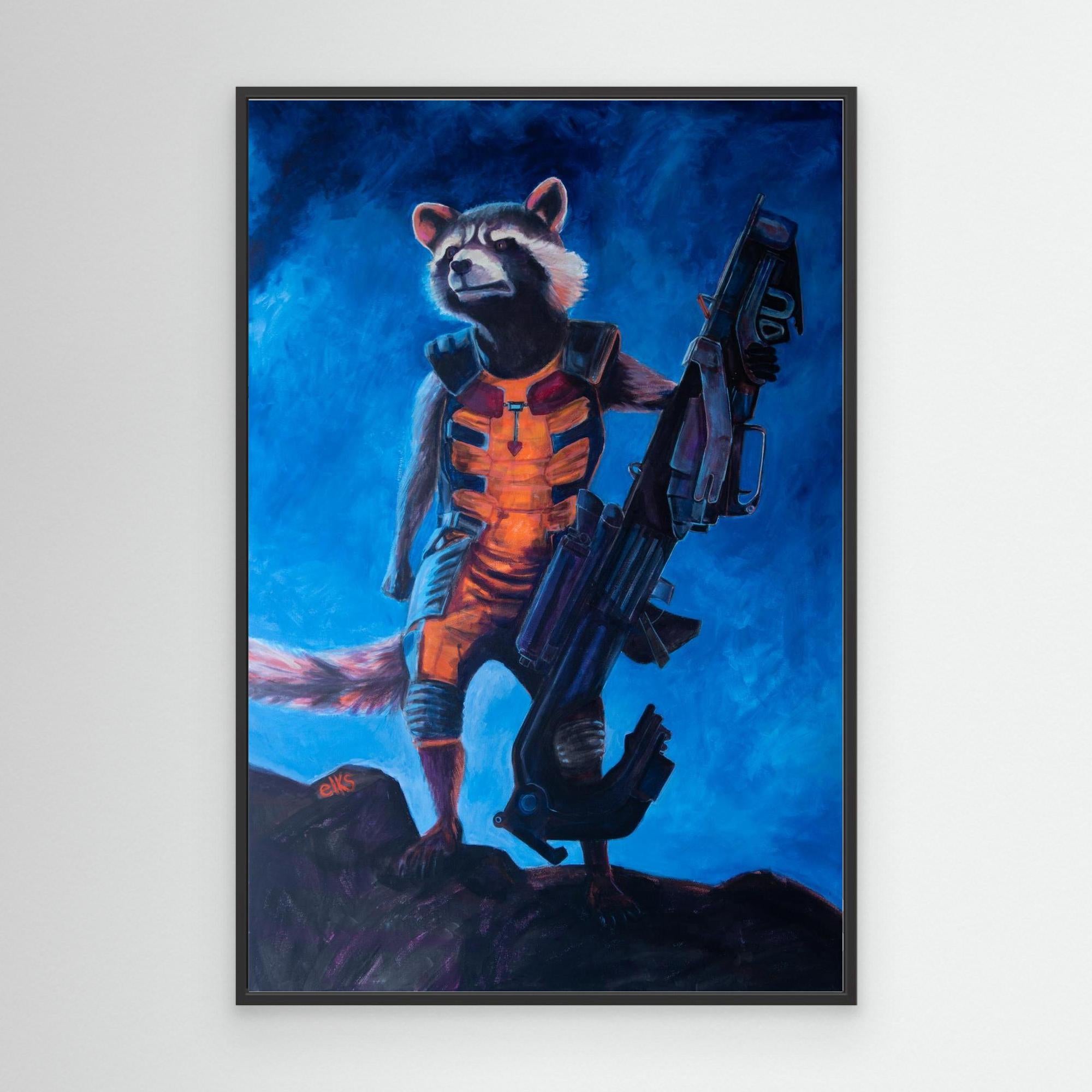 Black-framed canvas wall art print featuring a rocket design by Nancy Elks Artist, perfect for modern wall decor.