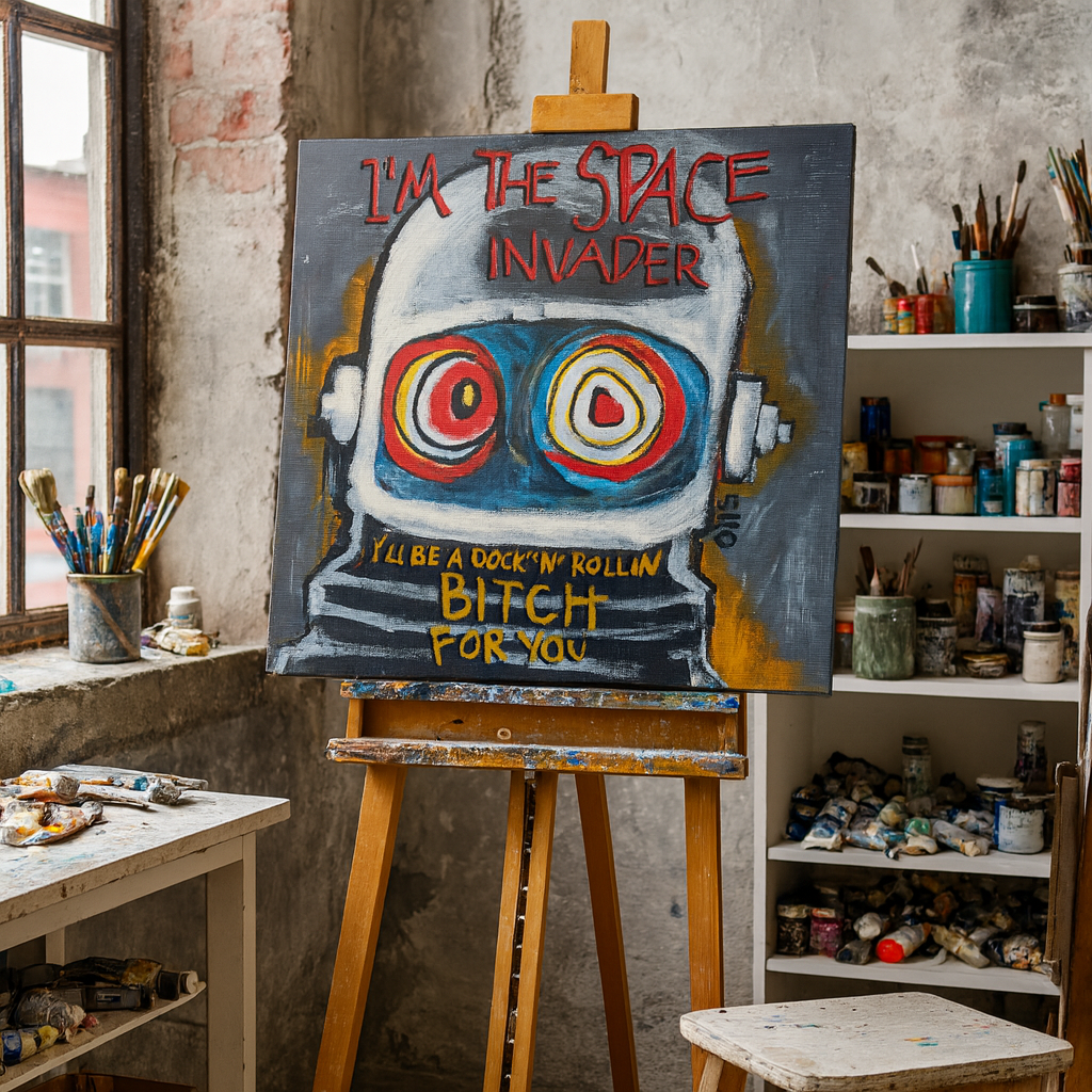 Canvas wall art print of Space Invader by Nancy Elks Artist, featuring a vibrant space-themed design on a canvas wall decor piece.