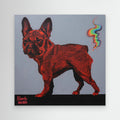 Canvas wall art featuring a humorous French Bulldog farting rainbows by Nancy Elks Artist.