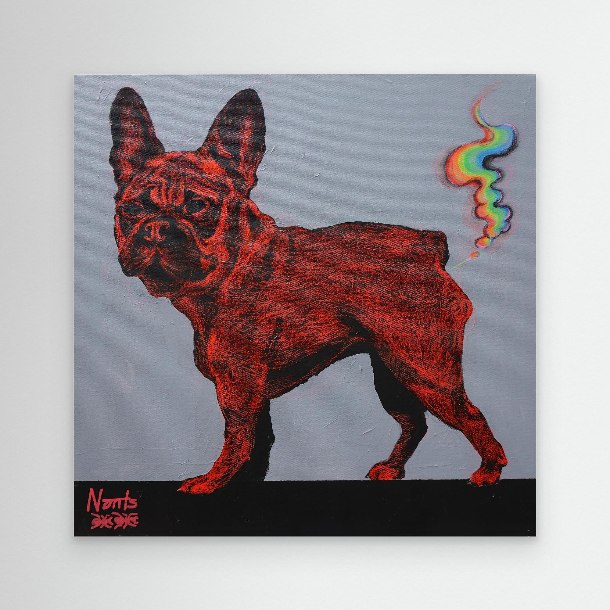 Canvas wall art featuring a humorous French Bulldog farting rainbows by Nancy Elks Artist.