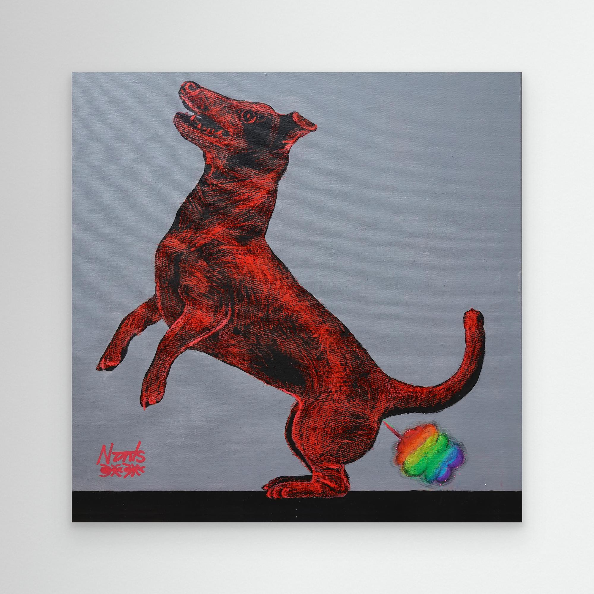 Canvas wall art by Nancy Elks Artist featuring a playful Jack Russell dog farting rainbows on a colorful background.