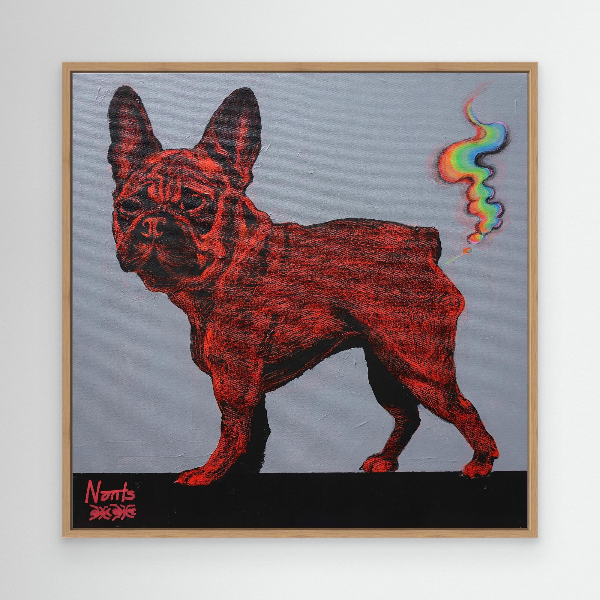 Colorful canvas wall art featuring a French Bulldog farting rainbows by Nancy Elks Artist, designed for vibrant home decor.