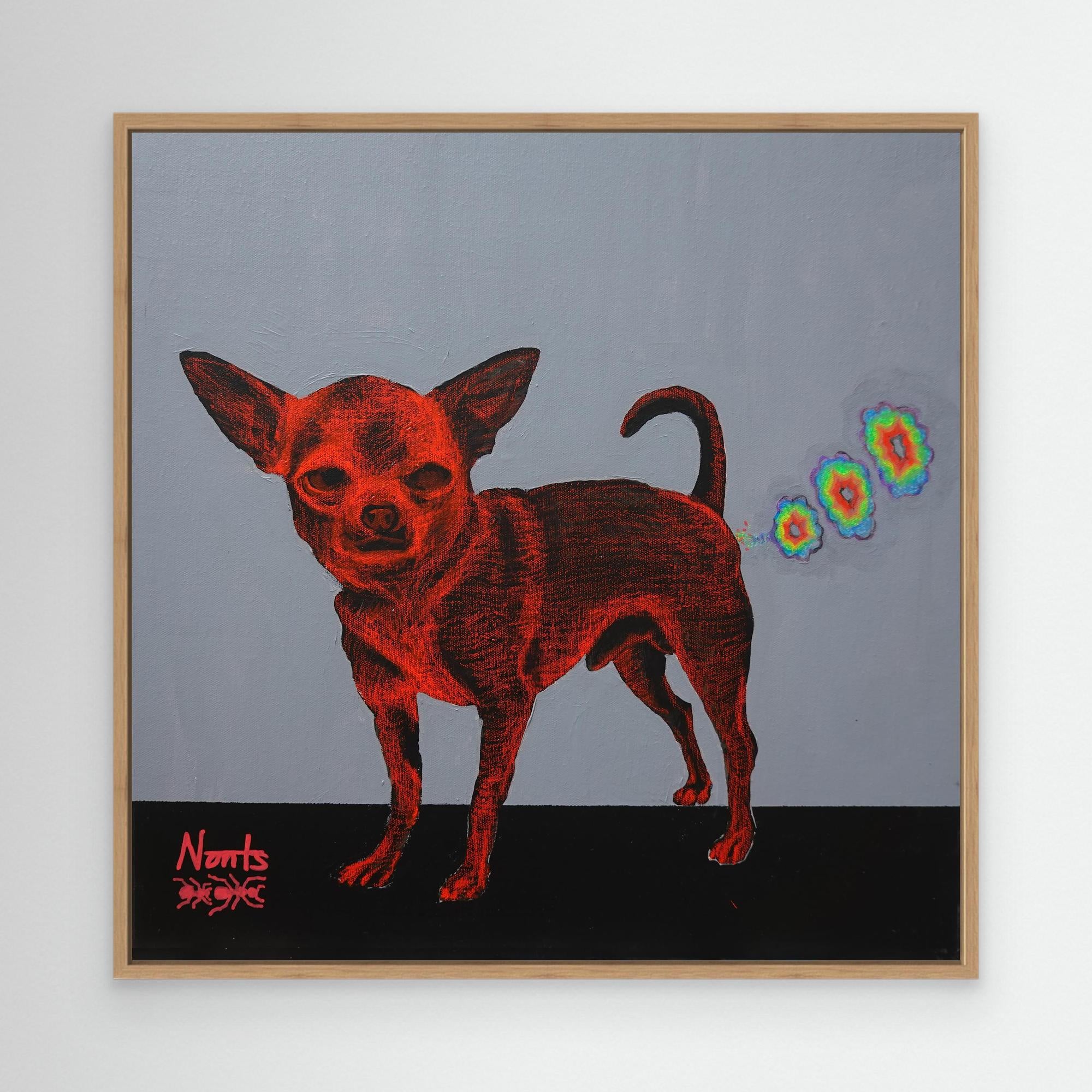 Colorful canvas wall art featuring a playful Chihuahua farting rainbows, by Nancy Elks Artist.