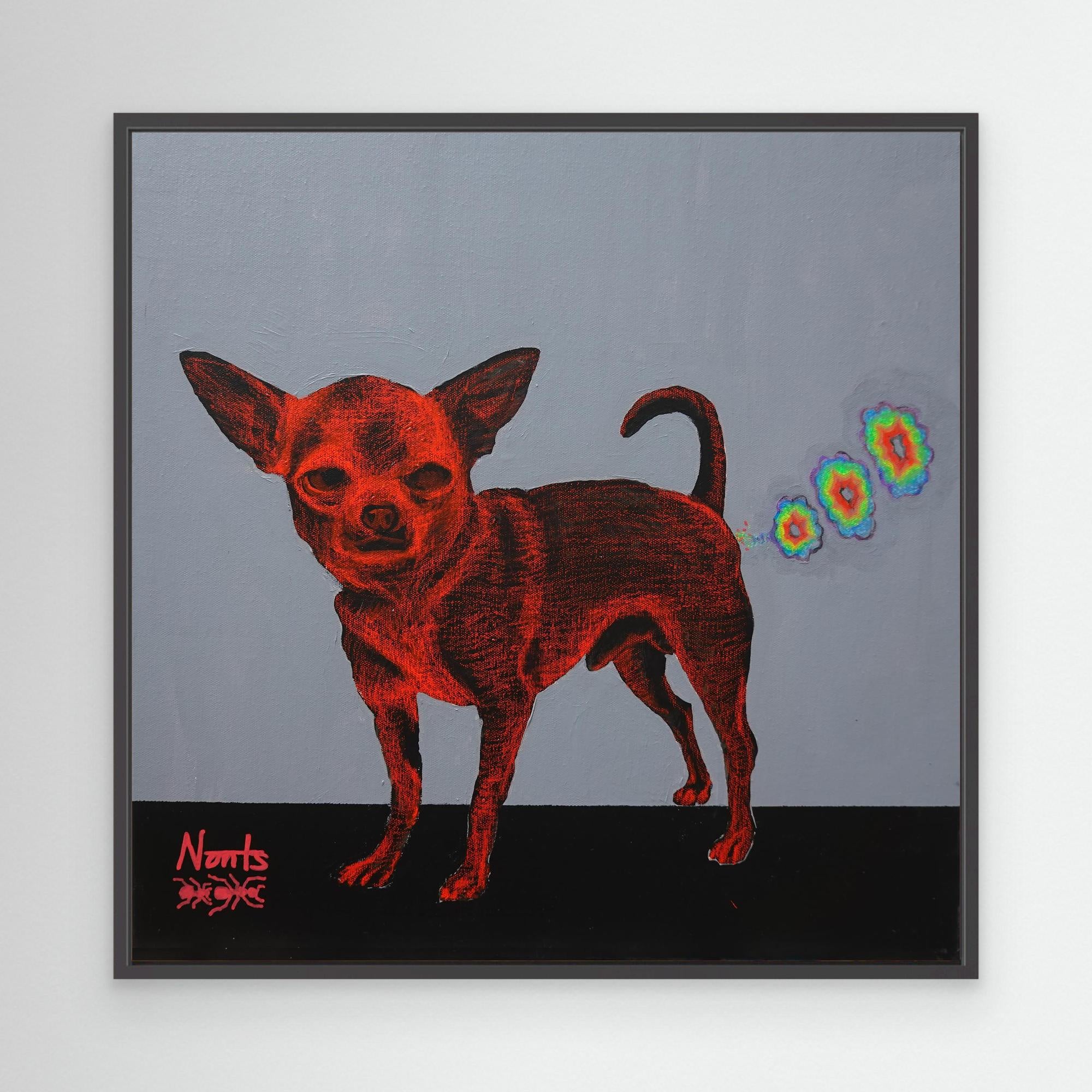 Colorful canvas wall art featuring a humorous Chihuahua farting rainbows, by Nancy Elks Artist, suitable for home decor.